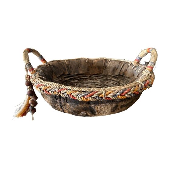 Vintage Handmade woven tribal basket with tree bark sides and bottom